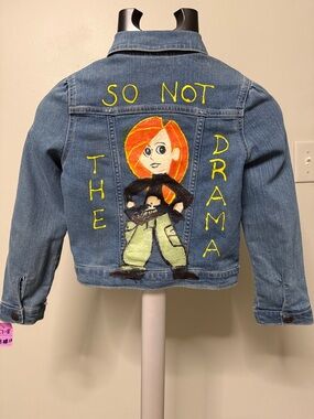 Kids Denim Jacket with Animated Girl Back Art - Blue